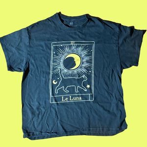 Le Luna Black Cat Moon Blouse T Shirt Women's Short Sleeve Black Tee Cute OS